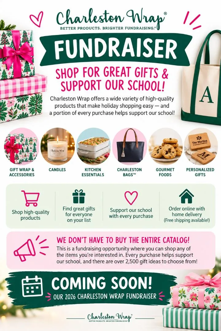 Charleston Wrap fundraiser flyer featuring gift wrap, candles, kitchen essentials, bags, gourmet foods, and personalized gifts